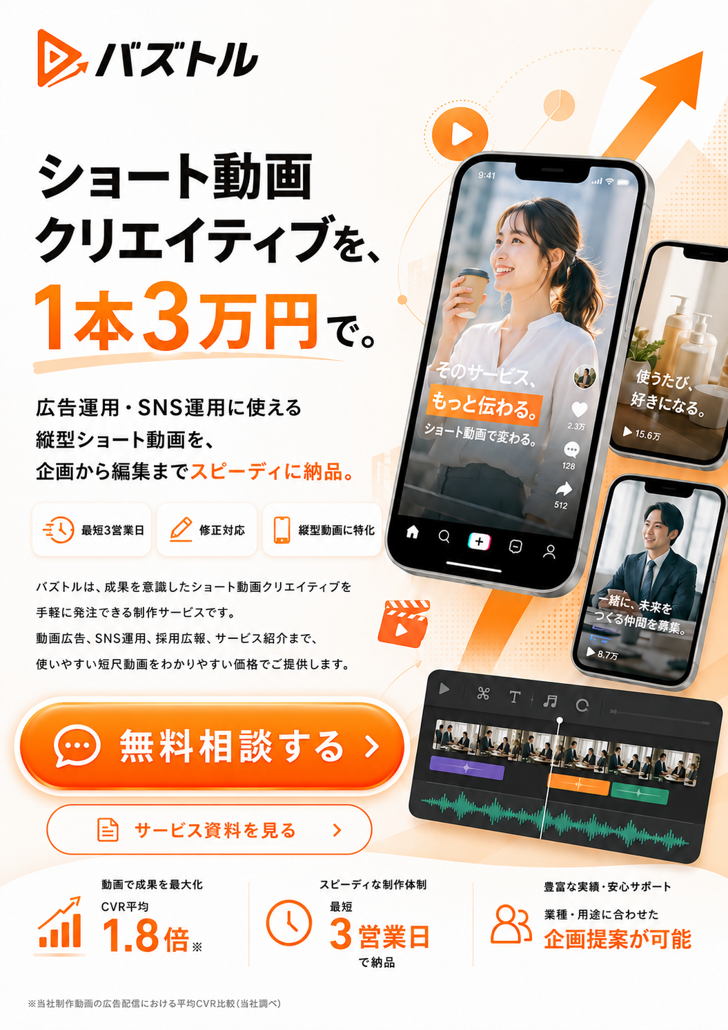 バズトル ショート動画クリエイティブを1本3万円で。広告運用・SNS運用に使える縦型ショート動画を企画から編集まで納品。